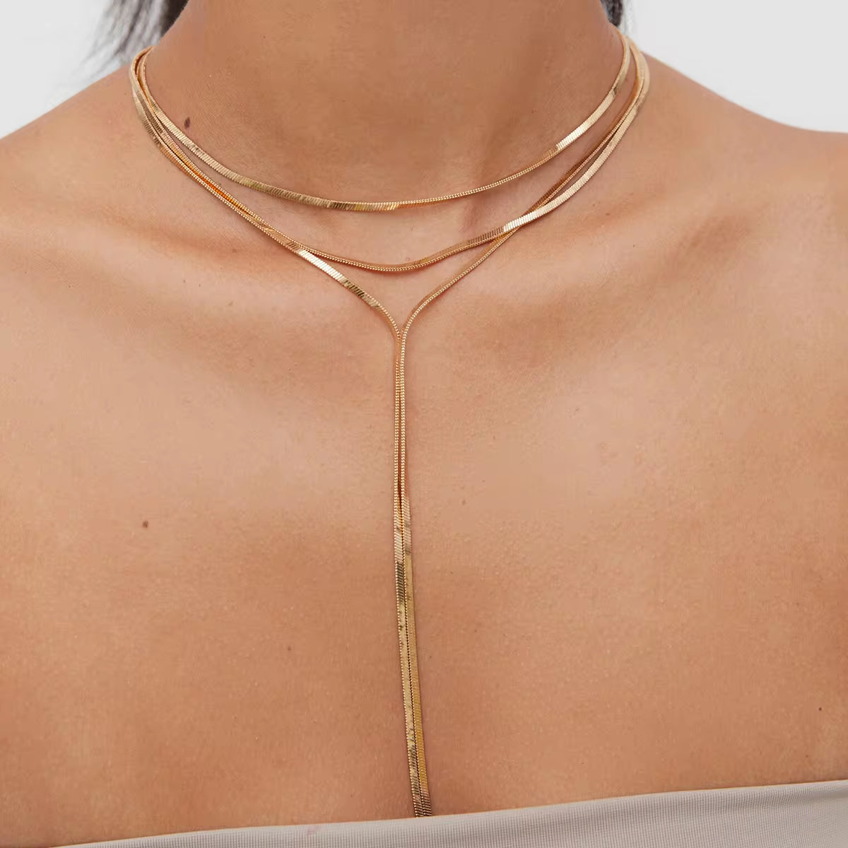 18K Gold Plated Stainless Steel Three Layer Y Chain Flat Snake Chain Necklace