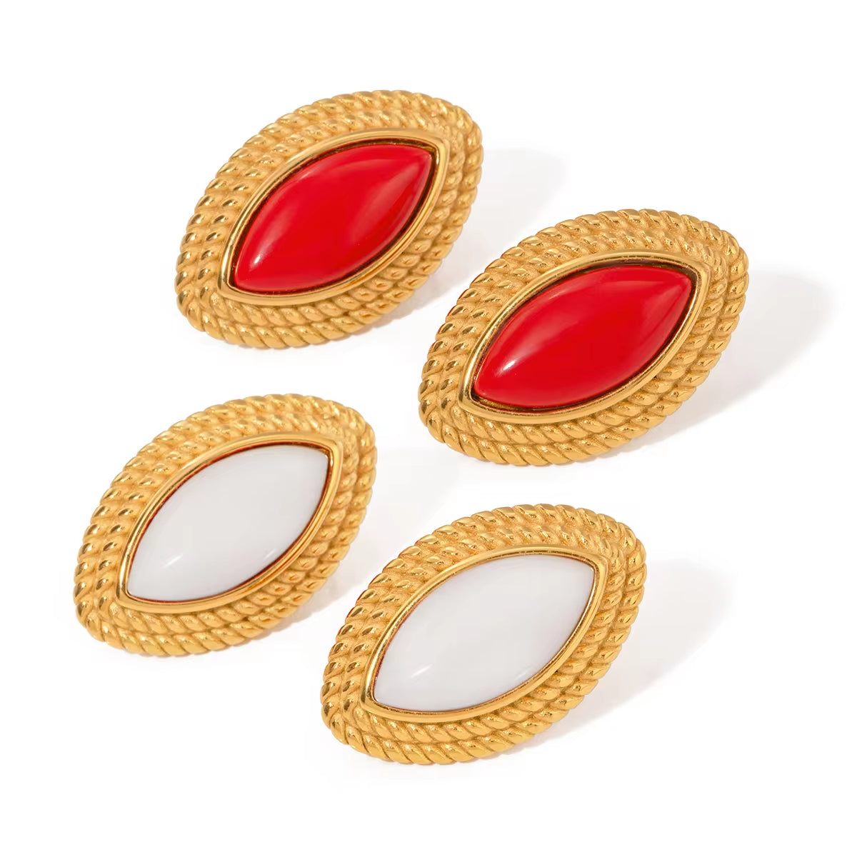 Popular 18K Gold Plated Earrings Stainless Steel Vintage Red White Agate Stone Oval Stud Earrings for Girls for Women